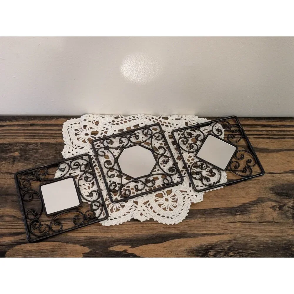 Vintage Wrought Iron Scrollwork Wall Mirrors Set of 3